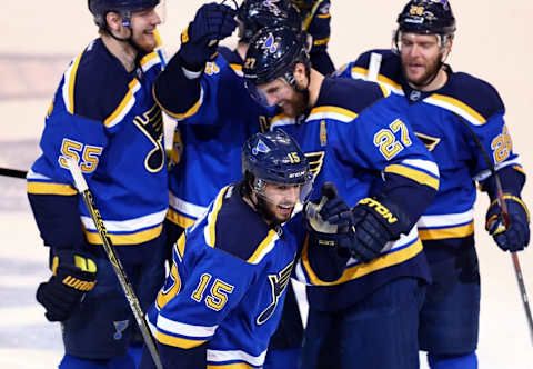 May 23, 2016; St. Louis, MO, USA; St. Louis Blues center Robby Fabbri (15) celebrates with teammates after scoring a goal against the San Jose Sharks in the second period in game five of the Western Conference Final of the 2016 Stanley Cup Playoffs at Scottrade Center. Mandatory Credit: Aaron Doster-USA TODAY Sports