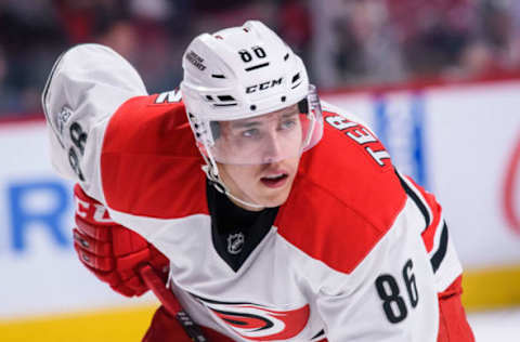 MONTREAL, QC – MARCH 23: Carolina Hurricanes left wing Teuvo Teravainen (86) waits for play to begin during the first period of the NHL regular season game between the Carolina Hurricanes and the Montreal Canadiens on March 23, 2017, at the Bell Centre in Montreal, QC (Photo by Vincent Ethier/Icon Sportswire via Getty Images)