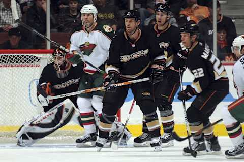 ANAHEIM, CA – DECEMBER 29: Jonas Hiller #1, Nick Boynton #4, Troy Bodie #50 and Todd Marchant #22 of the Anaheim Ducks defend in front of the crease during the game against the Minnesota Wild on December 29, 2009 at Honda Center in Anaheim, California. (Photo by John Cordes/NHLI via Getty Images)