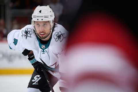 GLENDALE, ARIZONA – JANUARY 14: Brenden Dillon #4 of the San Jose Sharks awaits a face off against the Arizona Coyotes during the second period of the NHL game at Gila River Arena on January 14, 2020 in Glendale, Arizona. The Coyotes defeated the Sharks 6-3. (Photo by Christian Petersen/Getty Images)