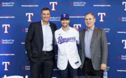 ARLINGTON, TX – DECEMBER 08: General Manager Chris Young, Jacob deGrom #48, and Manager Bruce Bochy #15 of the Texas Rangers pose at an introductory press conference at Globe Life Field on December 8, 2022 in Arlington, Texas. (Photo by Ben Ludeman/Texas Rangers/Getty Images)