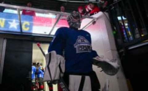 Jan 10, 2023; Raleigh, North Carolina, USA; Carolina Hurricanes goaltender Pyotr Kochetkov (52) walks out onto the ice for the warmups against the New Jersey Devils at PNC Arena. Mandatory Credit: James Guillory-USA TODAY Sports