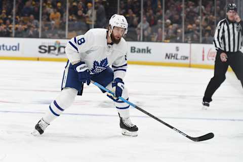 BOSTON, MA – APRIL 11: Jake Muzzin #8 of the Toronto Maple Leafs skates against the Boston Bruins in Game One of the Eastern Conference First Round during the 2019 NHL Stanley Cup Playoffs at the TD Garden on April 11, 2019 in Boston, Massachusetts. (Photo by Steve Babineau/NHLI via Getty Images)