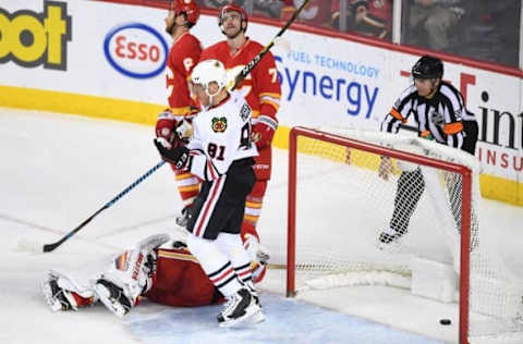 Nov 18, 2016; Calgary, Alberta, CAN; Chicago Blackhawks right wing Marian Hossa (81) celebrates his game winning goal in the third period against the Calgary Flames at Scotiabank Saddledome. Blackhawks won 3-2. Mandatory Credit: Candice Ward-USA TODAY Sports