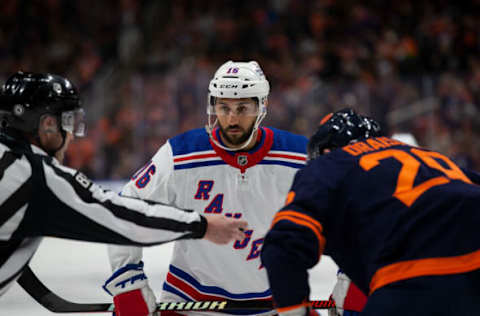 EDMONTON, AB – FEBRUARY 17: Vincent Trocheck #16 of the New York Rangers faces off against Leon Draisaitl #29 of the Edmonton Oilers during the first period of the game at Rogers Place on February 17, 2023 in Edmonton, Canada. (Photo by Codie McLachlan/Getty Images)