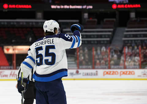 Winnipeg Jets, Mark Scheifele #55. (Photo by Chris Tanouye/Getty Images)