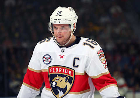 BUFFALO, NY – JANUARY 3: Aleksander Barkov #16 of the Florida Panthers readies for a faceoff against the Buffalo Sabres during an NHL game on January 3, 2019 at KeyBank Center in Buffalo, New York. (Photo by Bill Wippert/NHLI via Getty Images)