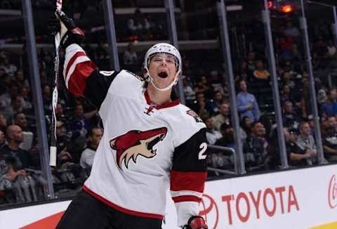 Sep 22, 2015; Los Angeles, CA, USA; Arizona Coyotes center Dylan Strome (20) celebrates after scoring a goal in the first period against the Los Angeles Kings at Staples Center. Mandatory Credit: Jayne Kamin-Oncea-USA TODAY Sports