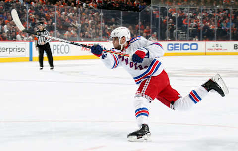 PHILADELPHIA, PA – DECEMBER 23: Tony DeAngelo #77 of the New York Rangers takes a slapshot against the Philadelphia Flyers on December 23, 2019 at the Wells Fargo Center in Philadelphia, Pennsylvania. (Photo by Len Redkoles/NHLI via Getty Images)