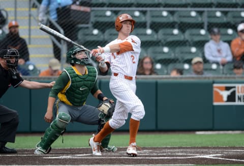 AUSTIN, TX – APRIL 08: Texas Longhorn infielder Kody Clemens takes a swing as Baylor Bear catcher Shea Langeliers looks on during the Texas Longhorns 4 – 1 win over the Baylor Bears on April 8, 2018 at UFCU Disch-Falk Field in Austin, TX. (Photo by John Rivera/Icon Sportswire via Getty Images)