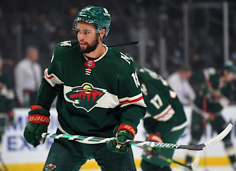 Dec 11, 2021; Los Angeles, California, USA; Minnesota Wild left wing Jordan Greenway (18) warms up before the game against the Los Angeles Kings at Staples Center. Mandatory Credit: Jayne Kamin-Oncea-USA TODAY Sports