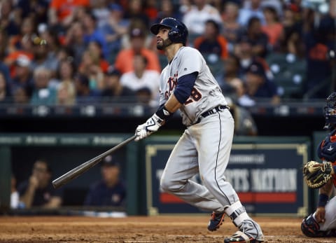 May 25, 2017; Houston, TX, USA; Detroit Tigers right fielder J.D. Martinez (28) hits a home run during the fourth inning against the Houston Astros at Minute Maid Park. Mandatory Credit: Troy Taormina-USA TODAY Sports