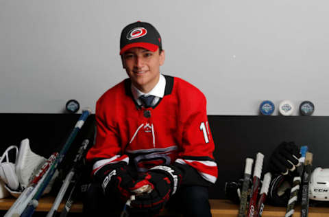 VANCOUVER, BRITISH COLUMBIA – JUNE 21: Ryan Suzuki poses for a portrait after being selected twenty-eighth overall by the Carolina Hurricanes during the first round of the 2019 NHL Draft at Rogers Arena on June 21, 2019 in Vancouver, Canada. (Photo by Kevin Light/Getty Images)