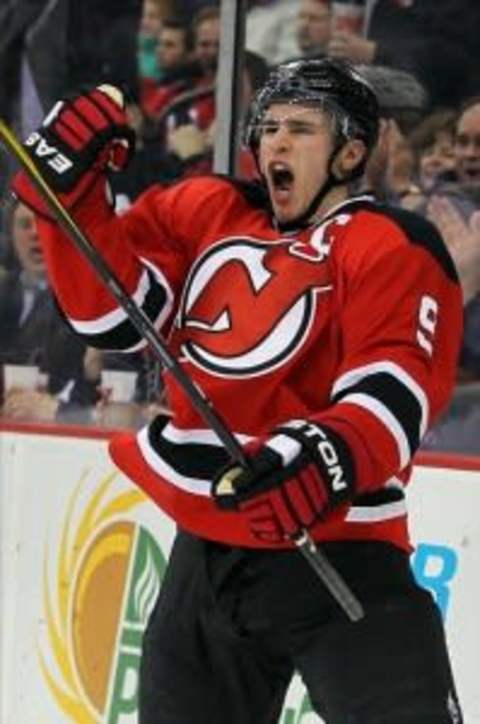 Jan 31; Newark, NJ, USA; New Jersey Devils left wing Zach Parise (9) celebrates his goal during the second period of their game against the New York Rangers at the Prudential Center. Mandatory Credit: Ed Mulholland-US PRESSWIRE