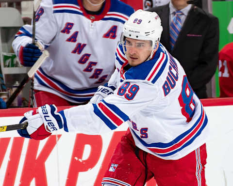 DETROIT, MI – NOVEMBER 09: Pavel Buchnevich #89 of the New York Rangers shoots the puck against the Detroit Red Wings during an NHL game at Little Caesars Arena on November 9, 2018 in Detroit, Michigan. The Wings defeated the Rangers 3-2 in overtime. (Photo by Dave Reginek/NHLI via Getty Images)