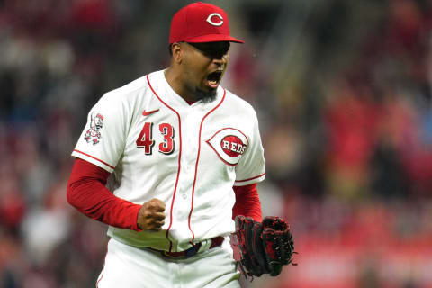 Cincinnati Reds relief pitcher Alexis Diaz (43) reacts after closing the game in the ninth inning of a baseball game between the Colorado Rockies and the Cincinnati Reds, Monday, June 19, 2023, at Great American Ball Park in Cincinnati. The Cincinnati Reds won, 5-4.