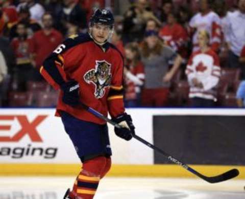 Feb 4, 2016; Sunrise, FL, USA; Florida Panthers center Aleksander Barkov (16) skates before a game against the Detroit Red Wings at BB&T Center. Mandatory Credit: Robert Mayer-USA TODAY Sports