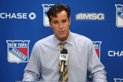 NEW YORK, NY – OCTOBER 11: Head coach David Quinn of the New York Rangers addresses the media after earning his first career win as an NHL head coach following a 3-2 win in overtime against the San Jose Sharks at Madison Square Garden on October 11, 2018 in New York City. (Photo by Jared Silber/NHLI via Getty Images)