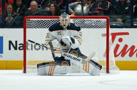 COLUMBUS, OH – OCTOBER 7: Linus Ullmark #35 of the Buffalo Sabres makes a save during the game against the Columbus Blue Jackets on October 7, 2019 at Nationwide Arena in Columbus, Ohio. (Photo by Kirk Irwin/Getty Images)