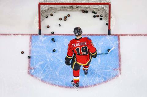 Apr 19, 2017; Calgary, Alberta, CAN; Calgary Flames left wing Matthew Tkachuk (19) during the warmup period against the Anaheim Ducks in game four of the first round of the 2017 Stanley Cup Playoffs at Scotiabank Saddledome. Mandatory Credit: Sergei Belski-USA TODAY Sports