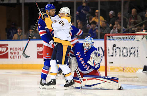 New York Rangers goaltender Alexandar Georgiev (40) is unable to stop a shot by Nashville Predators Credit: Danny Wild-USA TODAY Sports