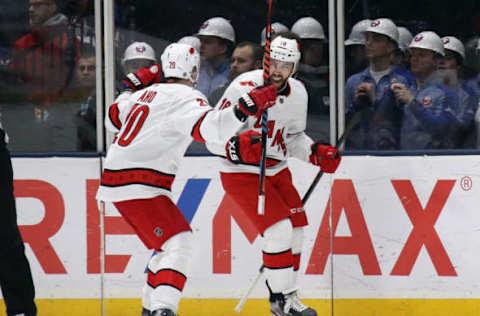 UNIONDALE, NEW YORK – MARCH 07: Vincent Trocheck #16 of the Carolina Hurricanes scores the game winning goal on the power-play at 1:36 of overtime against Thomas Greiss #1 of the New York Islanders at NYCB Live’s Nassau Coliseum on March 07, 2020 in Uniondale, New York. The Hurricanes defeated the Islanders 3-2 in overtime.(Photo by Bruce Bennett/Getty Images)