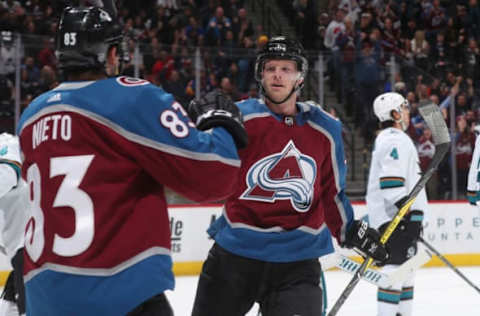 DENVER, CO – JANUARY 18: Carl Soderberg #34 of the Colorado Avalanche celebrates with teammate Matt Nieto #83 after scoring a goal against the San Jose Sharks at the Pepsi Center on January 18, 2018 in Denver, Colorado. (Photo by Michael Martin/NHLI via Getty Images)