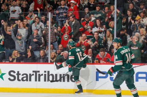 SAINT PAUL, MN – NOVEMBER 29: Luke Kunin #19 of the Minnesota Wild celebrates his goal against the Ottawa Senators during the game at the Xcel Energy Center on November 29, 2019, in Saint Paul, Minnesota. (Photo by Bruce Kluckhohn/NHLI via Getty Images)