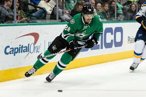 Nov 3, 2016; Dallas, TX, USA; Dallas Stars defenseman Stephen Johns (28) skates against the St. Louis Blues during the game at the American Airlines Center. The Stars beat the Blues 6-2. Mandatory Credit: Jerome Miron-USA TODAY Sports