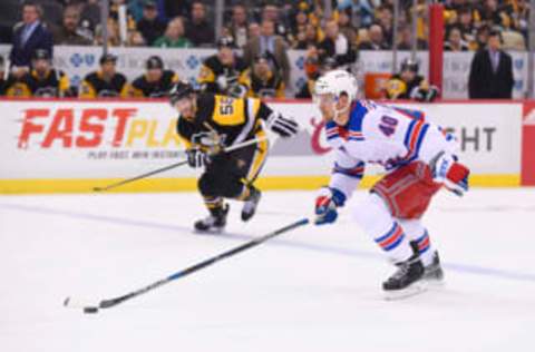 PITTSBURGH, PA – JANUARY 14: New York Rangers Left Wing Michael Grabner (40) skates with the puck on a breakaway and scores during the first period in the NHL game between the Pittsburgh Penguins and the New York Rangers on January 14, 2018, at PPG Paints Arena in Pittsburgh, PA. (Photo by Jeanine Leech/Icon Sportswire via Getty Images)