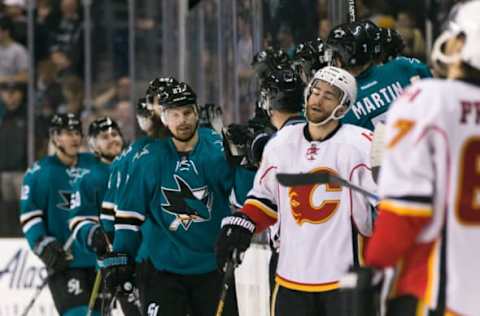 Dec 20, 2016; San Jose, CA, USA; San Jose Sharks right wing Joonas Donskoi (27) celebrates scoring against the Calgary Flames in the second period at SAP Center at San Jose. Mandatory Credit: John Hefti-USA TODAY Sports