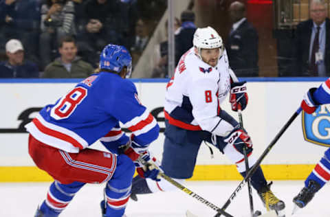 NEW YORK, NY – NOVEMBER 24: New York Rangers Defenceman Marc Staal (18) blocks a shot by Washington Capitals Left Wing Alex Ovechkin (8) during the National Hockey League game between the Washington Capitals and the New York Rangers on November 24, 2018 at Madison Square Garden in New York, NY. (Photo by Joshua Sarner/Icon Sportswire via Getty Images)