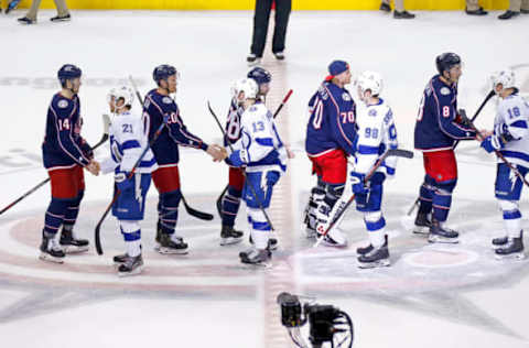 COLUMBUS, OH – APRIL 16: Players from the Columbus Blue Jackets and the Tampa Bay Lightning shake hands after Game Four of the Eastern Conference First Round during the 2019 NHL Stanley Cup Playoffs on April 16, 2019 at Nationwide Arena in Columbus, Ohio. Columbus defeated Tampa Bay 7-3 to win the series 4-0. (Photo by Kirk Irwin/Getty Images)