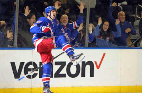 NEW YORK, NEW YORK – DECEMBER 12: Filip Chytil #72 of the New York Rangers celebrates his game-winning overtime goal against the New Jersey Devils at Madison Square Garden on December 12, 2022, in New York City. The Rangers defeated the Devils 4-3 in overtime. (Photo by Bruce Bennett/Getty Images)