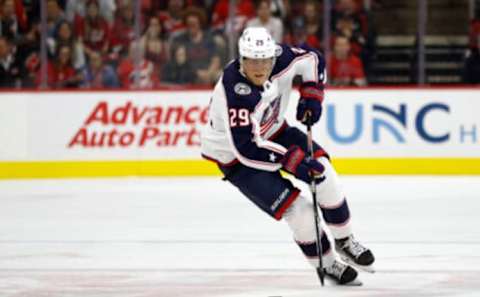 RALEIGH, NORTH CAROLINA – OCTOBER 12: Patrik Laine #29 of the Columbus Blue Jackets skates with the puck during the first period of the game against the Carolina Hurricanes at PNC Arena on October 12, 2022 in Raleigh, North Carolina. (Photo by Jared C. Tilton/Getty Images)