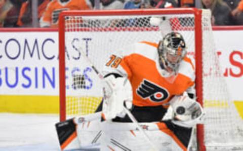 Apr 11, 2023; Philadelphia, Pennsylvania, USA; Philadelphia Flyers goaltender Carter Hart (79) makes a save against the Columbus Blue Jackets at Wells Fargo Center. Mandatory Credit: Eric Hartline-USA TODAY Sports