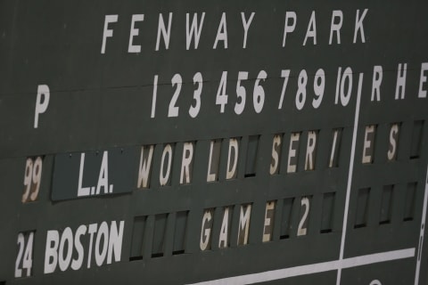 BOSTON, MA – OCTOBER 24: A detailed view of the scoreboard on the Green Monster prior to Game Two of the 2018 World Series between the Los Angeles Dodgers and the Boston Red Sox at Fenway Park on October 24, 2018 in Boston, Massachusetts. (Photo by Maddie Meyer/Getty Images)