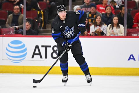 Feb 19, 2023; Chicago, Illinois, USA; Toronto Maple Leafs defenseman Justin Holl (3) skates against the Chicago Blackhawks at United Center. Mandatory Credit: Jamie Sabau-USA TODAY Sports