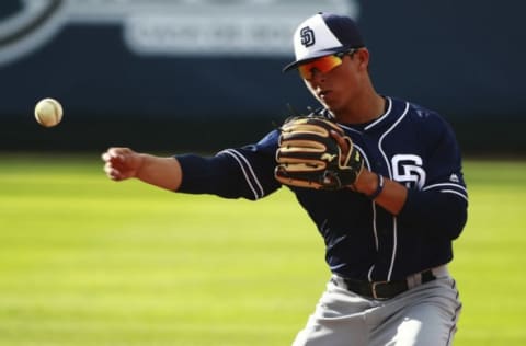 MEXICO CITY, MEXICO – MARCH 26: Luis Urias #4 of the San Diego Padres warms up prior the preseason match between Houston Astros and San Diego Padres at Fray Nano Stadium on March 26, 2016 in Mexico City, Mexico. (Photo by Hector Vivas/LatinContent/Getty Images)