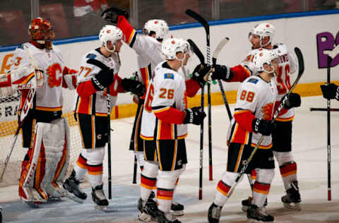 SUNRISE, FL – JANUARY 12 2018: The Calgary Flames celebrate their 4-2 win over the Florida Panthers at the BB&T Center on January 12, 2018 in Sunrise, Florida. (Photo by Eliot J. Schechter/NHLI via Getty Images)