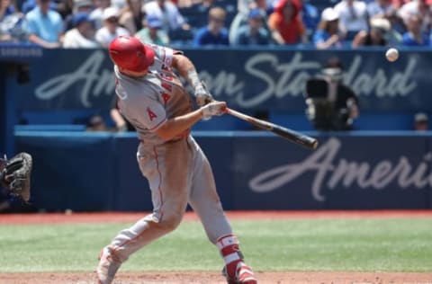 TORONTO, ON – MAY 24: Mike Trout #27 of the Los Angeles Angels of Anaheim hits a solo home run in the fifth inning during MLB game action against the Toronto Blue Jays at Rogers Centre on May 24, 2018 in Toronto, Canada. (Photo by Tom Szczerbowski/Getty Images)