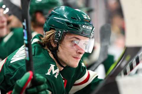 Oct 7, 2021; Saint Paul, Minnesota, USA; Minnesota Wild forward Adam Beckman (53) looks on against the Chicago Blackhawks in the third period at Xcel Energy Center. Mandatory Credit: David Berding-USA TODAY Sports