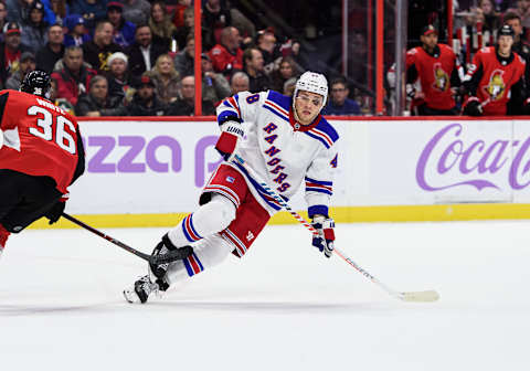 OTTAWA, ON – NOVEMBER 22: New York Rangers Left Wing Brendan Lemieux (48) sporting a black eye skates during the first period of the NHL game between the Ottawa Senators and the New York Rangers on Nov. 22, 2019 at the Canadian Tire Centre in Ottawa, Ontario, Canada. (Photo by Steven Kingsman/Icon Sportswire via Getty Images)