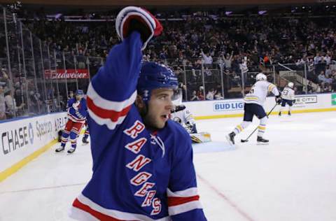 NEW YORK, NEW YORK – OCTOBER 24: Tony DeAngelo #77 of the New York Rangers celebrates his goal at 13:20 of the second period against the Buffalo Sabres at Madison Square Garden on October 24, 2019 in New York City. (Photo by Bruce Bennett/Getty Images)