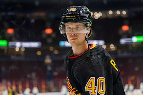 Apr 26, 2022; Vancouver, British Columbia, CAN; Vancouver Canucks forward Elias Pettersson (40) watches fans during warm up prior to a game against the Seattle Kraken at Rogers Arena. Mandatory Credit: Bob Frid-USA TODAY Sports