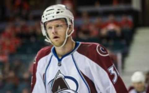 Jan 4, 2017; Calgary, Alberta, CAN; Colorado Avalanche center Carl Soderberg (34) against the Calgary Flames during the third period at Scotiabank Saddledome. Calgary Flames won 4-1. Mandatory Credit: Sergei Belski-USA TODAY Sports