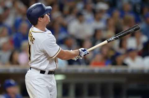 Sep 28, 2016; San Diego, CA, USA; San Diego Padres right fielder Hunter Renfroe (71) hits a two run home run during the third inning against the Los Angeles Dodgers at Petco Park. Mandatory Credit: Jake Roth-USA TODAY Sports