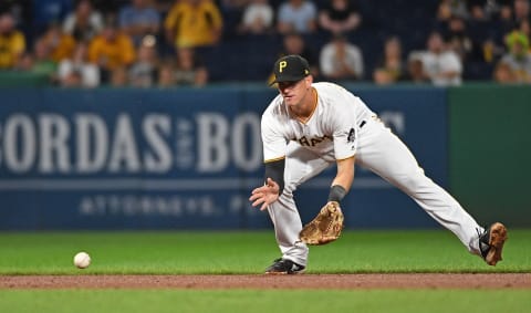 PITTSBURGH, PA – SEPTEMBER 19: Kevin Newwman #27 of the Pittsburgh Pirates fields a ground ball off the bat of Salvador Perez #13 of the Kansas City Royals in the ninth inning during the game at PNC Park on September 19, 2018 in Pittsburgh, Pennsylvania. (Photo by Justin Berl/Getty Images)