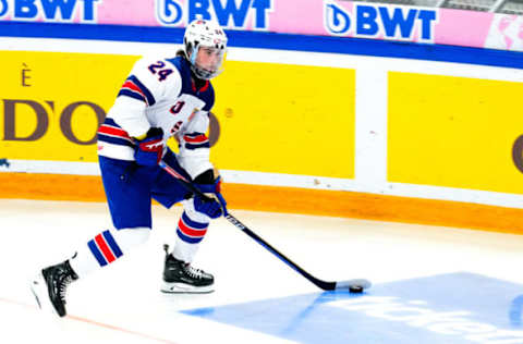 BASEL, SWITZERLAND – APRIL 30: Drew Fortescue of United States in action during the final of the U18 Ice Hockey World Championship match between the United States and Sweden at St. Jakob-Park at St. Jakob-Park on April 30, 2023, in Basel, Switzerland. (Photo by Jari Pestelacci/Eurasia Sports Images/Getty Images)