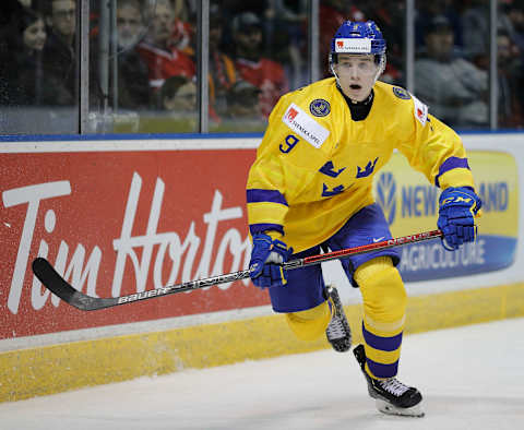 VICTORIA , BC – DECEMBER 29: Nils Lundkvist #9 of Sweden versus the United States at the IIHF World Junior Championships at the Save-on-Foods Memorial Centre on December 29, 2018 in Victoria, British Columbia, Canada. (Photo by Kevin Light/Getty Images)